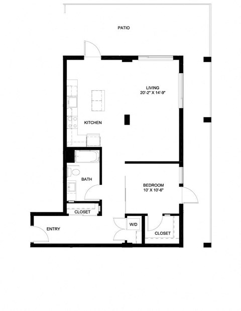 Floor plan for 1 bed, 1 bath, 892 sqft